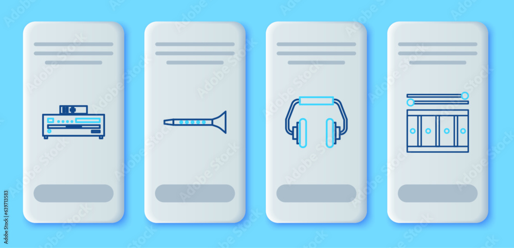 Set line Clarinet, Headphones, Music CD player and Drum with drum sticks icon. Vector