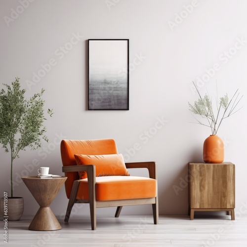  Interior of modern living room with wooden coffee table and orange armchair, empty wall. Home design