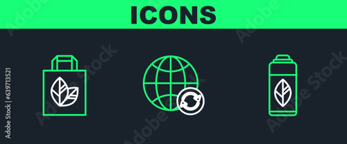 Set line Recycling plastic bottle, Paper shopping bag with recycle and Planet earth and recycling icon. Vector