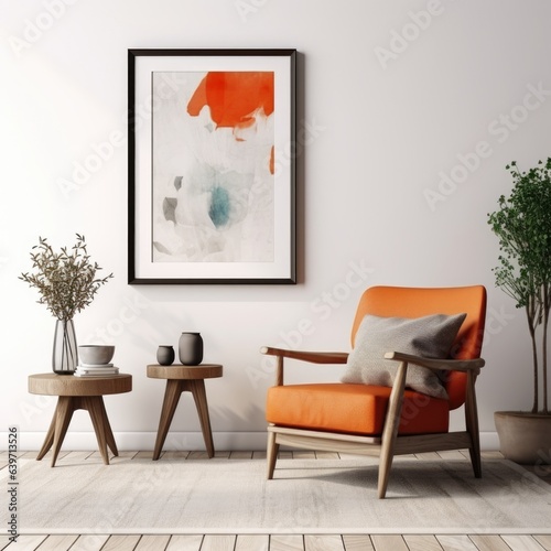 Interior of modern living room with wooden coffee table and orange armchair, empty wall. Home design