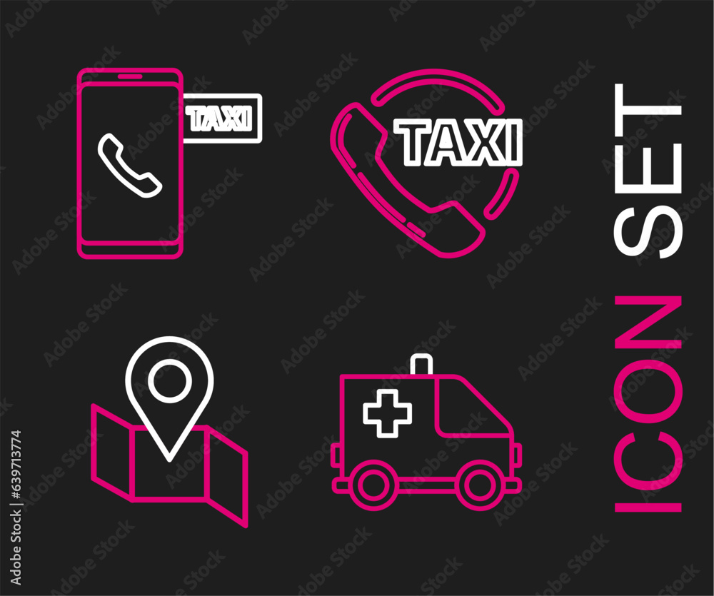 Set line Ambulance and emergency car, Folded map with location marker, Taxi call telephone service and icon. Vector Set line Ambulance and emergency car, Folded map with location marker, Taxi call telephone service and icon. Vector