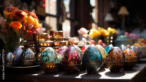 It's Easter, the children celebrate by opening colored eggs, eating chocolate in a festive atmosphere
