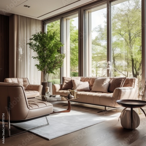  Leather beige sofa and armchairs against of window. Luxury interior design of modern living room © Interior Design
