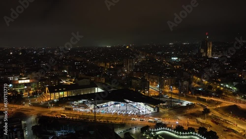 night illuminated barcelona city market traffic street square aerial panorama 4k spain photo