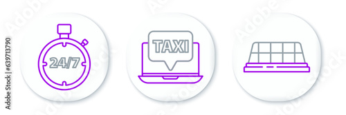 Set line Taxi car roof, Stopwatch 24 hours and Laptop call taxi service icon. Vector