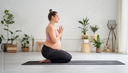 Side view portrait of young pregnant Caucasian woman doing yoga exercises and meditating in class. Female fitness and future motherhood. Concept of health care, mindfulness, relaxation and wellness.