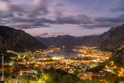 Landscape of Kotor bay at night in Montenegro.