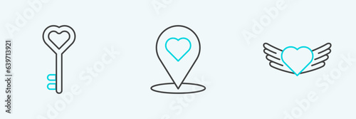 Set line Heart with wings, Key heart shape and Map pointer icon. Vector