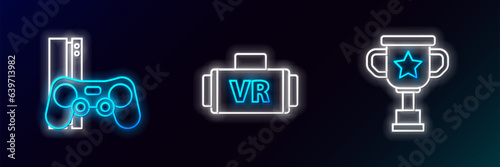 Set line Award cup, Game console with joystick and Virtual reality glasses icon. Glowing neon. Vector