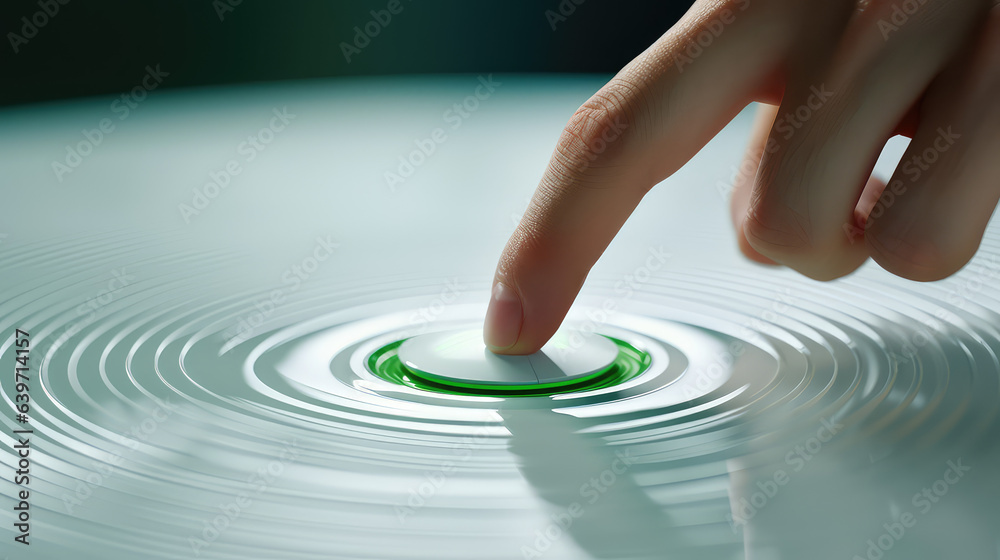 Closeup of hand, Finger pressing button, ripples out from button, futuristic style, white and green colors. 3d render illustration style. - obrazy, fototapety, plakaty 