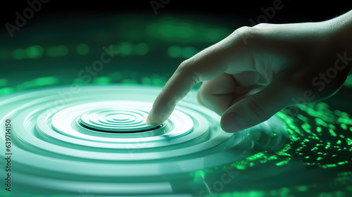 Closeup of hand, Finger pressing button, ripples out from button, futuristic style, white and green colors. 3d render illustration style.