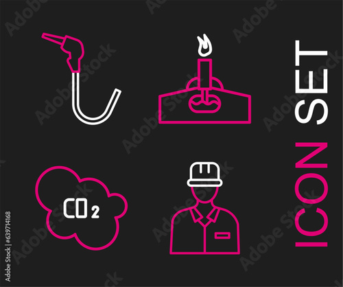 Set line Oilman, CO2 emissions in cloud, rig with fire and Gasoline pump nozzle icon. Vector