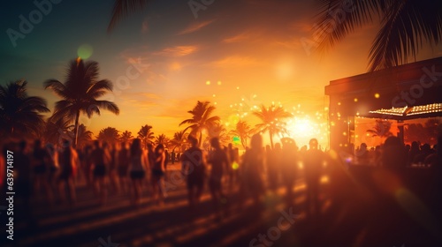 Photo of a vibrant sunset beach scene with a large crowd of people enjoying the beautiful view © mattegg