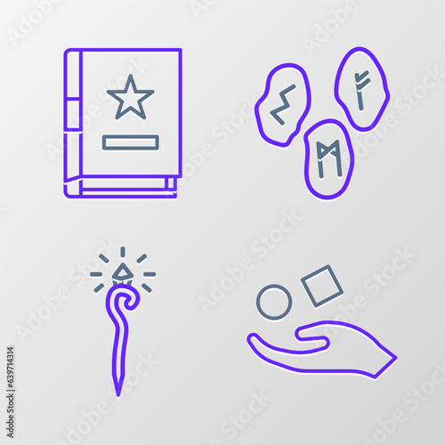 Set line Cube levitating above hand, Magic staff, runes and Ancient magic book icon. Vector