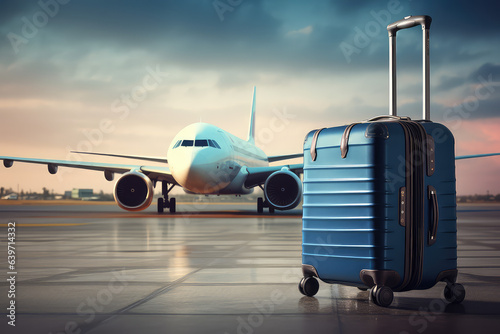 Luggage in airport with airliner plane on the background. Creative vacation banner.