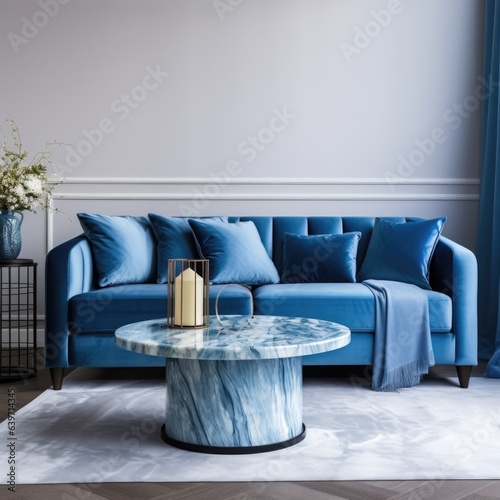 Marble coffee table near blue velvet sofa and armchair. Interior design of modern living room