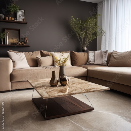 Marble square coffee table near beige corner sofa. Interior design of modern living room