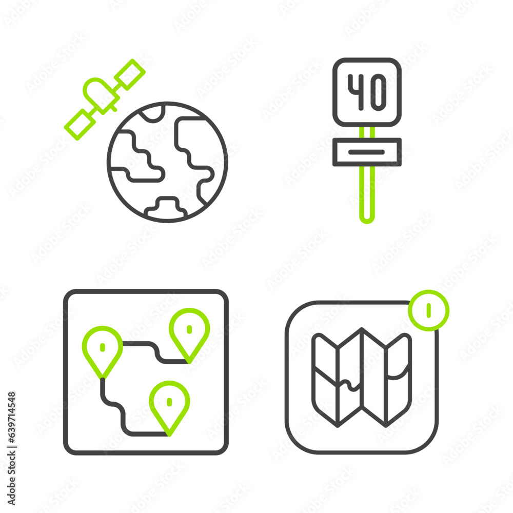 Set line Infographic of city map, Route location, Road traffic sign and Satellites orbiting the planet icon. Vector Set line Infographic of city map, Route location, Road traffic sign and Satellites orbiting the planet icon. Vector