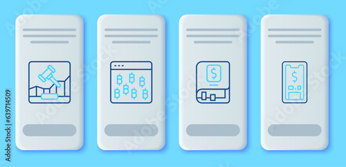 Set line Bitcoin in browser, Financial book, Online internet auction and Mobile with dollar icon. Vector