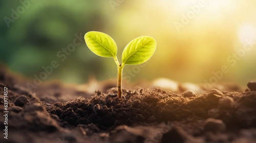 Photo of a young green plant emerging from the soil