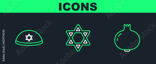 Set line Pomegranate, Jewish kippah and Star of David icon. Vector