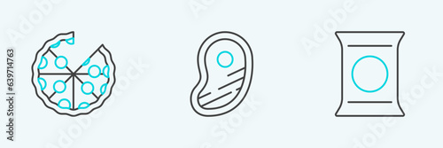 Set line Bag or packet potato chips, Pizza and Steak meat icon. Vector