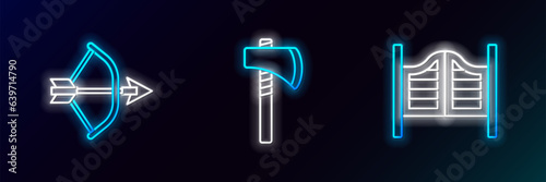 Set line Saloon door, Bow and arrow in quiver and Tomahawk axe icon. Glowing neon. Vector