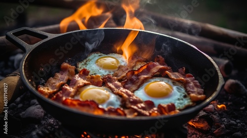 Photo of a delicious breakfast being cooked over an open fire in a rustic outdoor setting