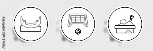 Set line Sandbox with sand, Boat swing and Soccer goal ball icon. Vector