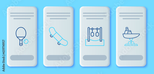 Set line Skateboard trick, Gymnastic rings, Racket and ball and Swing boat icon. Vector