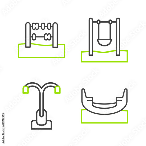 Set line Boat swing, Street light, Swing and Abacus icon. Vector