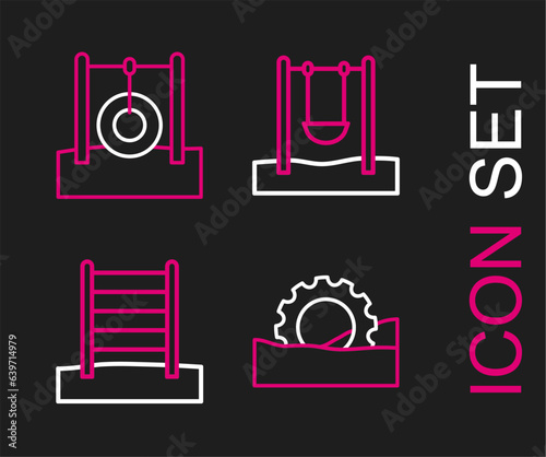 Set line Ferris wheel, Swedish wall, Swing and Car tire hanging on rope icon. Vector