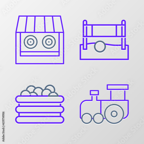Set line Toy train, Pool with balls, Volleyball net and Shooting gallery icon. Vector