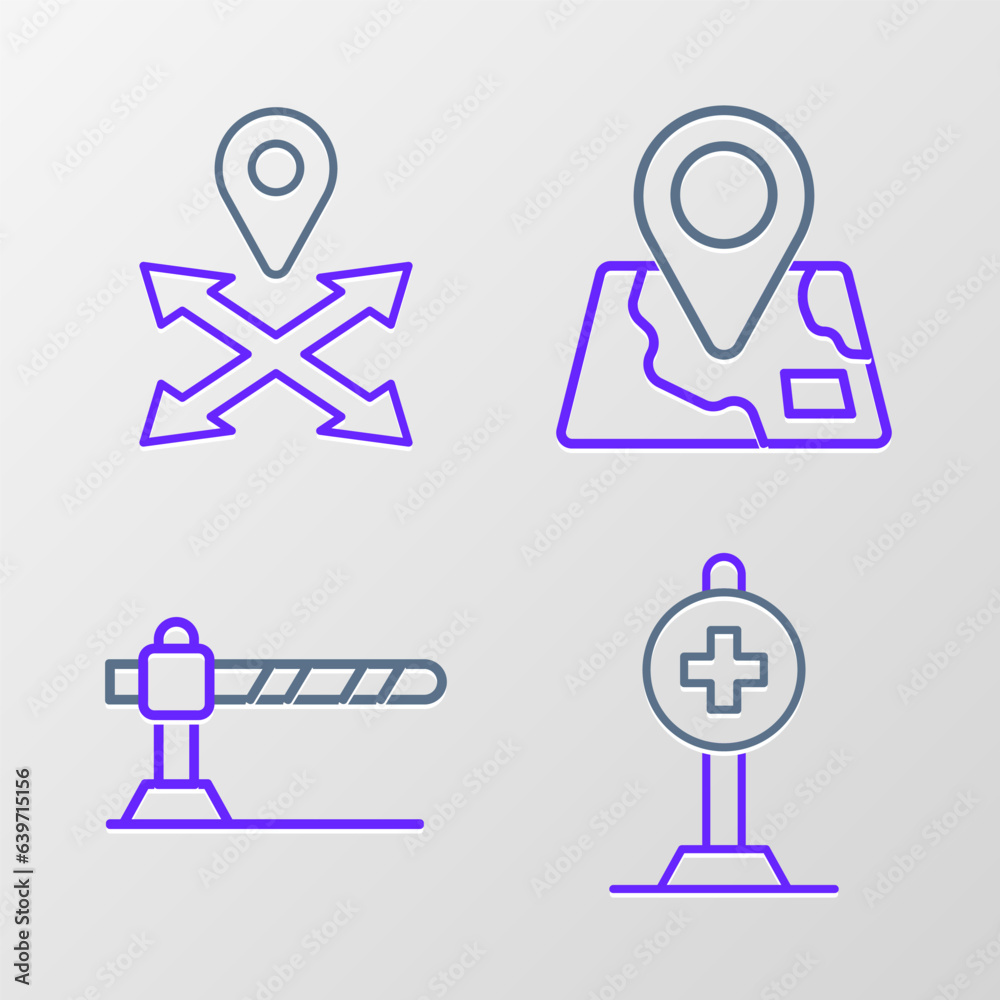 Set line Location with cross hospital, Parking car barrier, Folded map location marker and icon. Vector