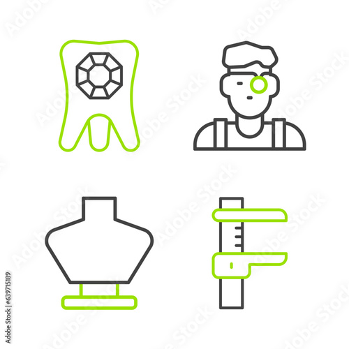 Set line Calliper or caliper and scale, Necklace on mannequin, Jeweler and Tooth with diamond icon. Vector