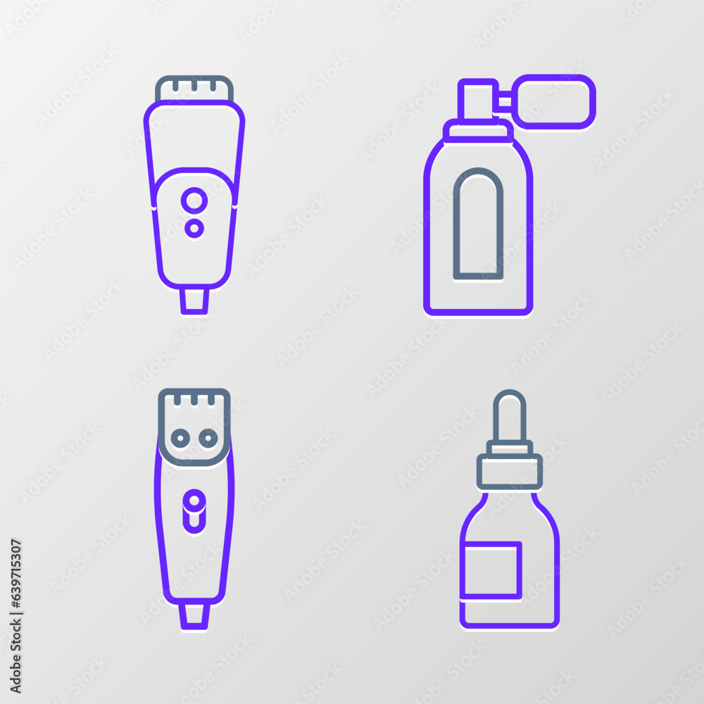 Set line Oil bottle, Hair clipper, Aftershave with atomizer and Electric razor blade icon. Vector Set line Oil bottle, Hair clipper, Aftershave with atomizer and Electric razor blade icon. Vector
