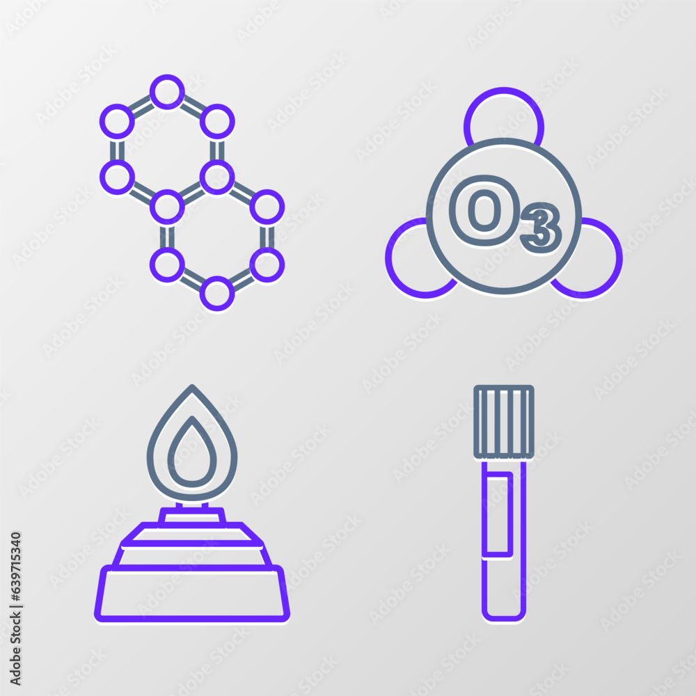 Set line Test tube, Alcohol or spirit burner, Ozone and Molecule icon. Vector Set line Test tube, Alcohol or spirit burner, Ozone and Molecule icon. Vector
