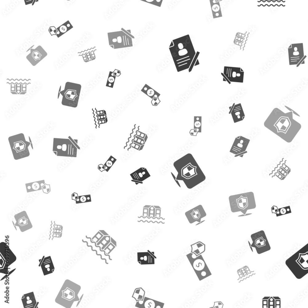 Set Document with shield, Money, Location and House flood on seamless pattern. Vector