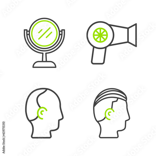 Set line Hairstyle for men, Baldness, dryer and Hand mirror icon. Vector