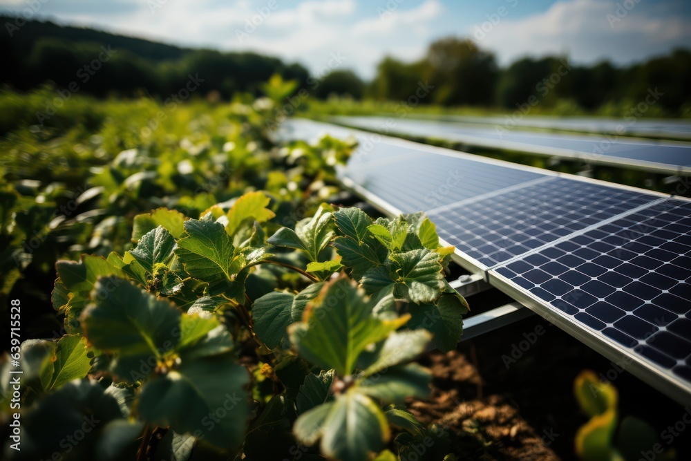 Fototapeta premium Eco-Energy Oasis: Solar Panel Array Integrates Seamlessly with Nature
