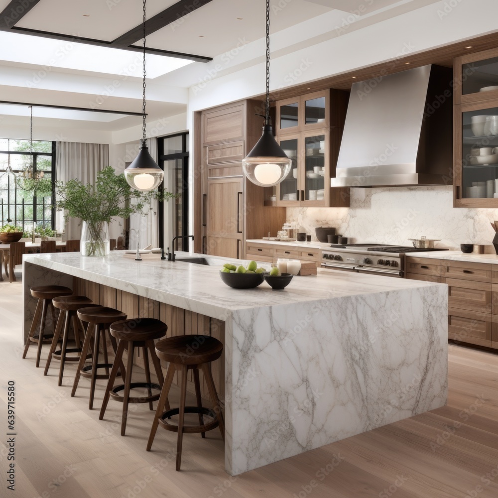 Modern interior design of wooden kitchen with marble island and wooden stools