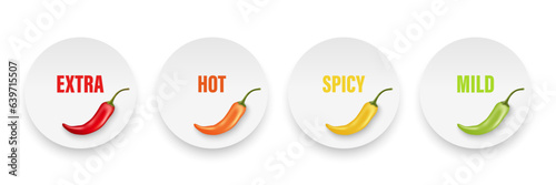 Realistic Vector Round Stickers with Spicy Chili Pepper Levels. Red, Orange, Yellow, Green Jalapeno Pepper Strength Scale Sticker Indicators with Mild, Spicy, Hot and Extra Positions