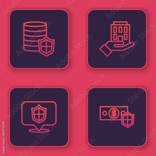 Set line Money with shield, Location, House in hand and . Blue square button. Vector