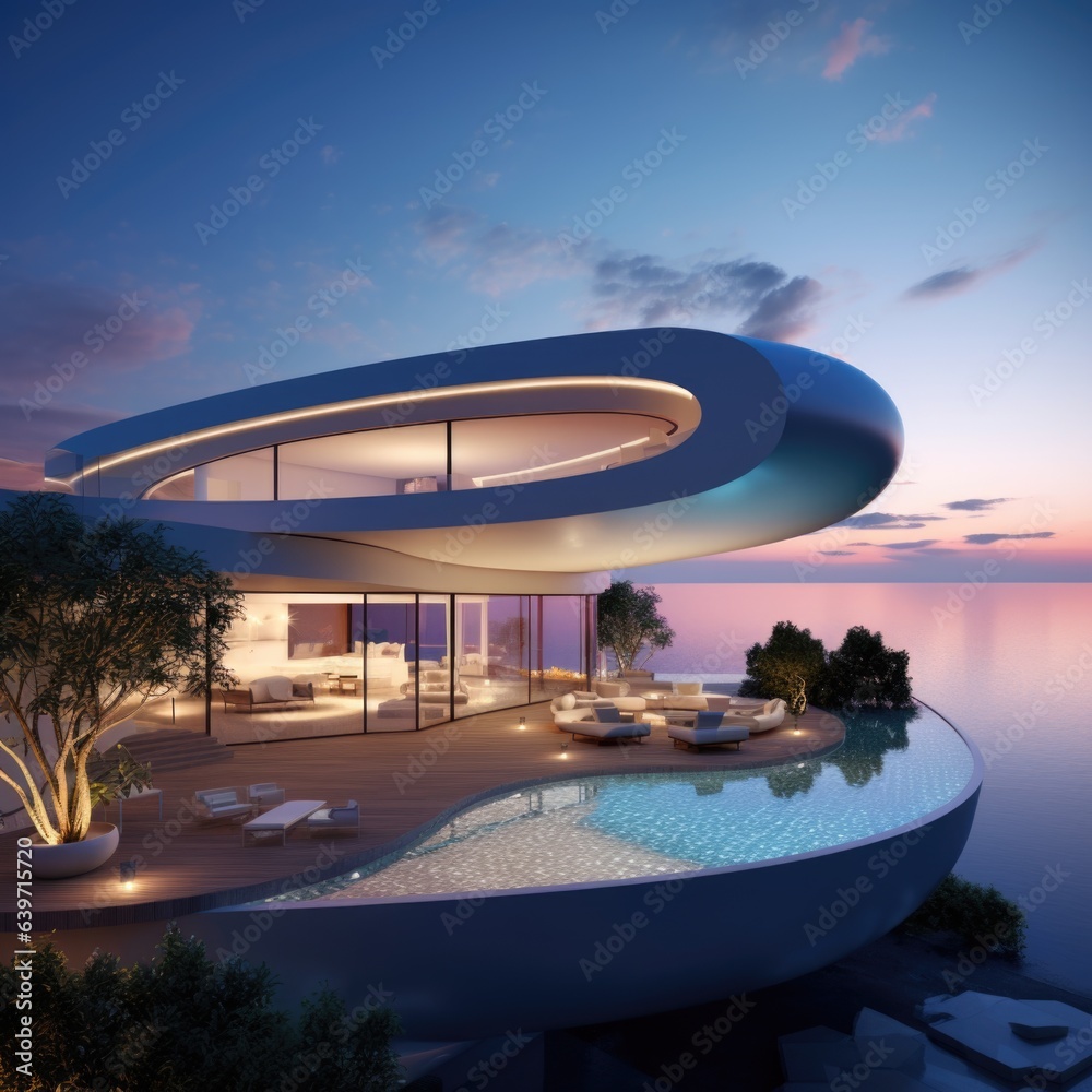 Fototapeta premium Modern minimalist round and curved shaped luxury house. Villa with terrace on sea shore at sunset