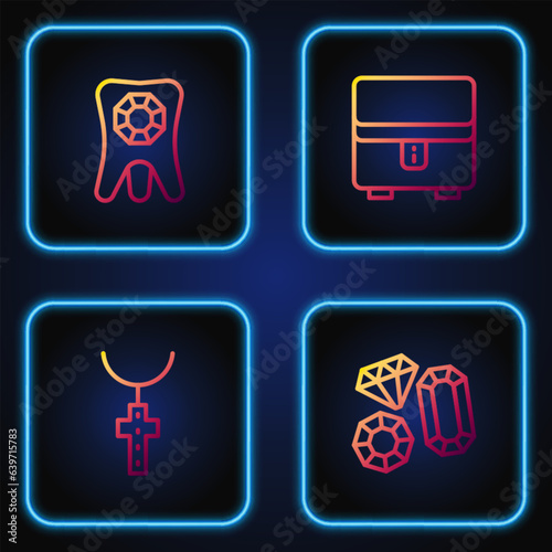 Set line Gem stone, Christian cross chain, Tooth with diamond and Jewelry box. Gradient color icons. Vector