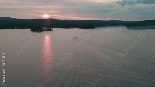 Sunset on a lake 4k drone shot photo