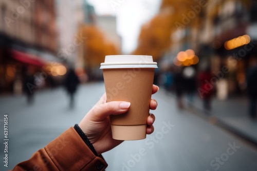 Disposable cup of coffee in hand. Background with copy space