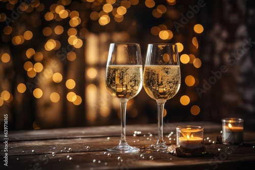 Glasses of champagne or sparkling wine in a festive atmosphere. Merry christmas and happy new year concept