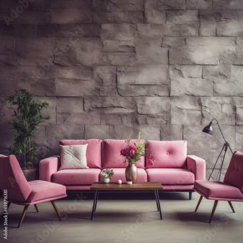 Pink sofa and chairs near decorative stone wall. Interior design of modern living room.