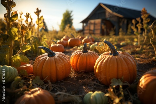 Pumpkins in the garden. Halloween concept. Background with selective focus and copy space